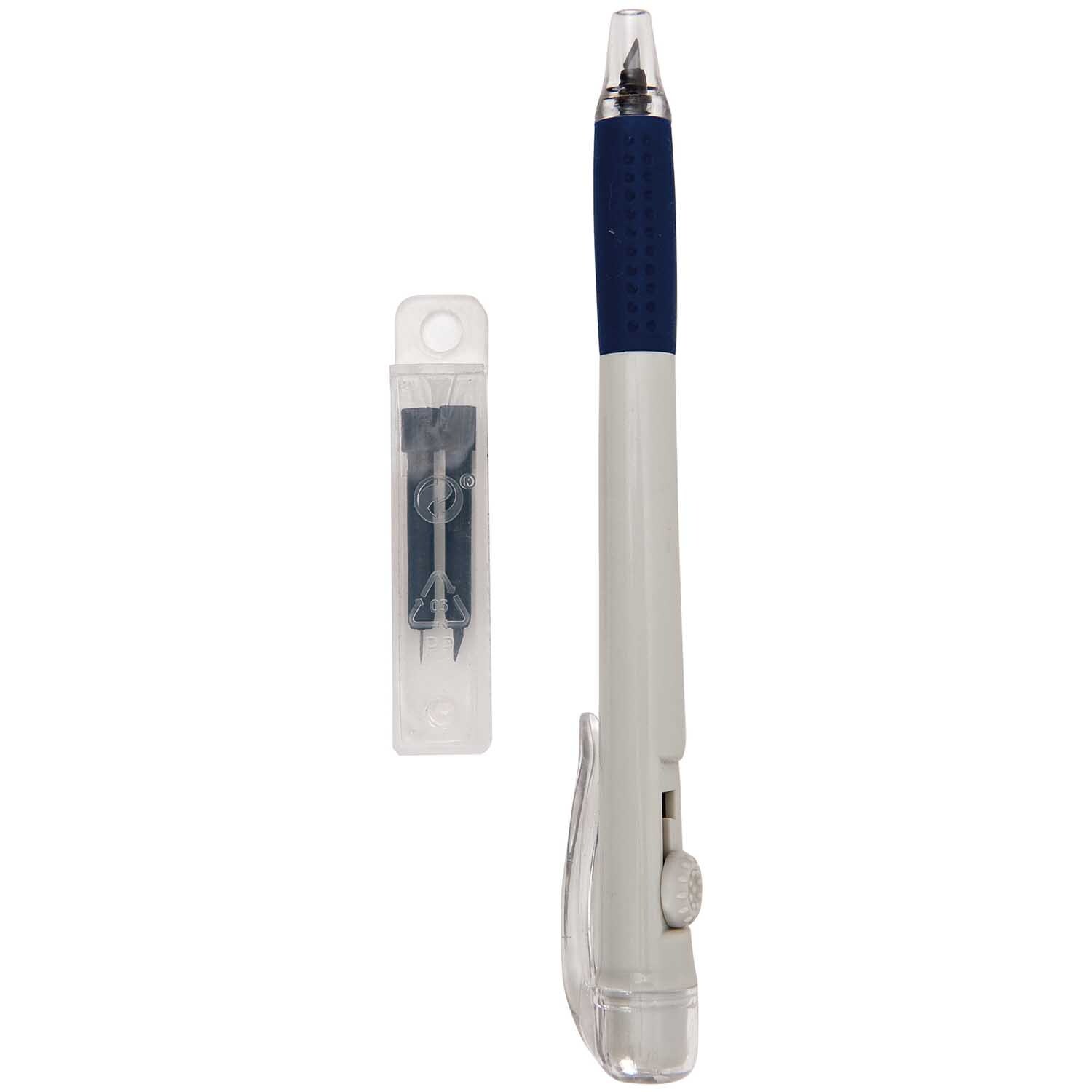 Stiftcutter für Grafik & Design mit blauem Griff und zwei Ersatzklingen von Rico Design.