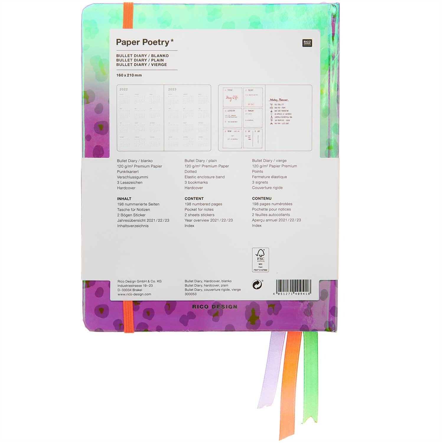 Paper Poetry Bullet Diary Hardcover mit buntem Leo-Muster, 16,5x21,5cm, 96 Blatt, von Rico Design.