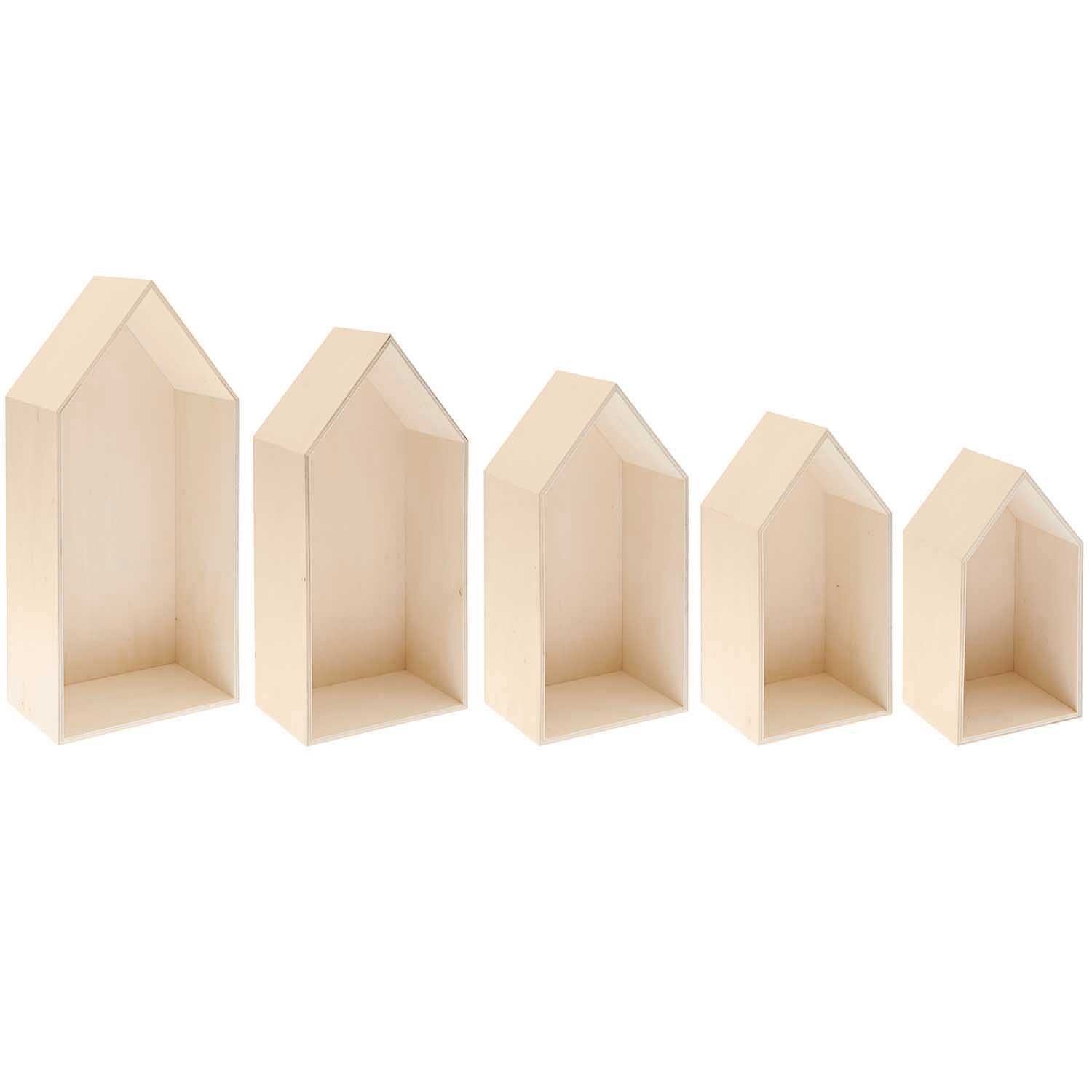 Holz-Deko-Häuser in verschiedenen Größen, naturbelassen, von Rico Design, ideal für kreative Dekorationen.