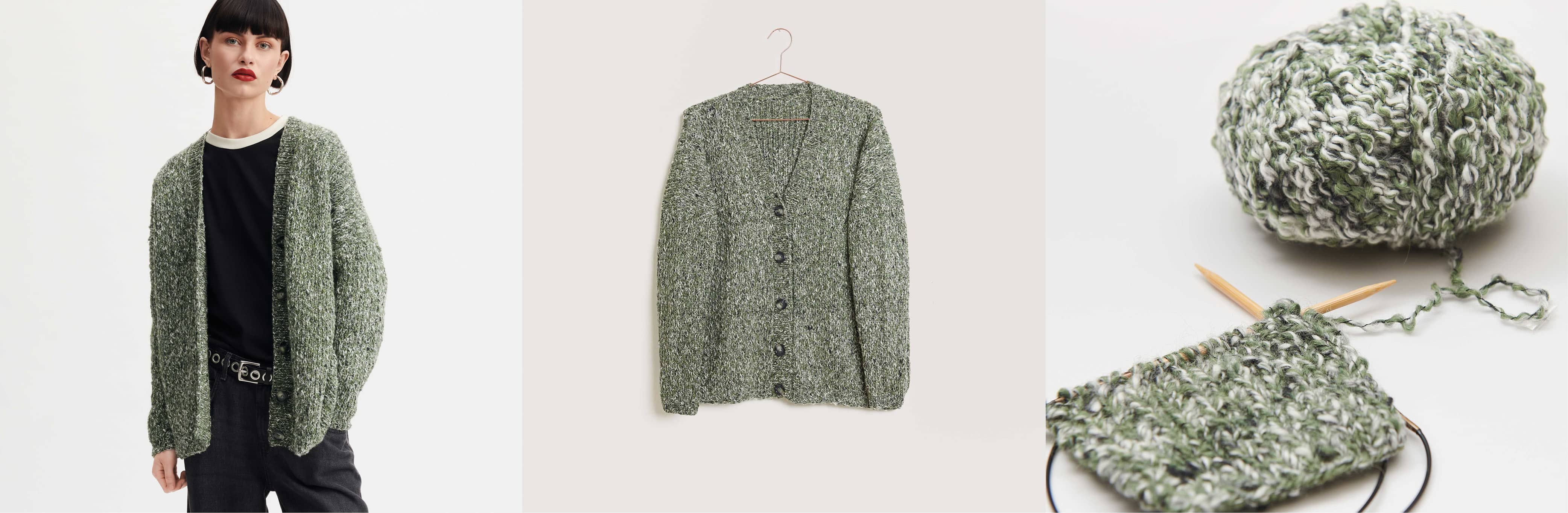 Gestrickte Jacke in Dunkelgrün meliert Modell 37 aus Made by Me No. 18 getragen am Model und auf einem Kleiderbügel. Daneben Wollknäuel in Grüntönen und ein Strickstück auf Stricknadeln