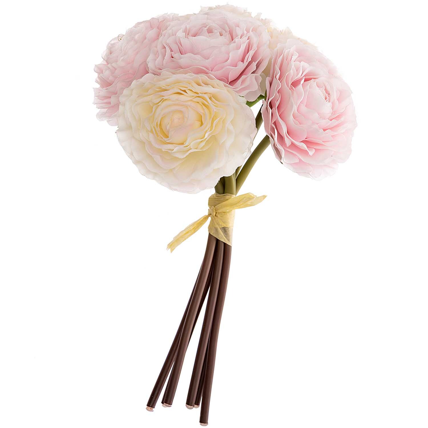 Ranunkelbund mit 6 Blüten in zartem Rosa und Weiß, gebunden mit gelbem Band, von idee. Creativmarkt.