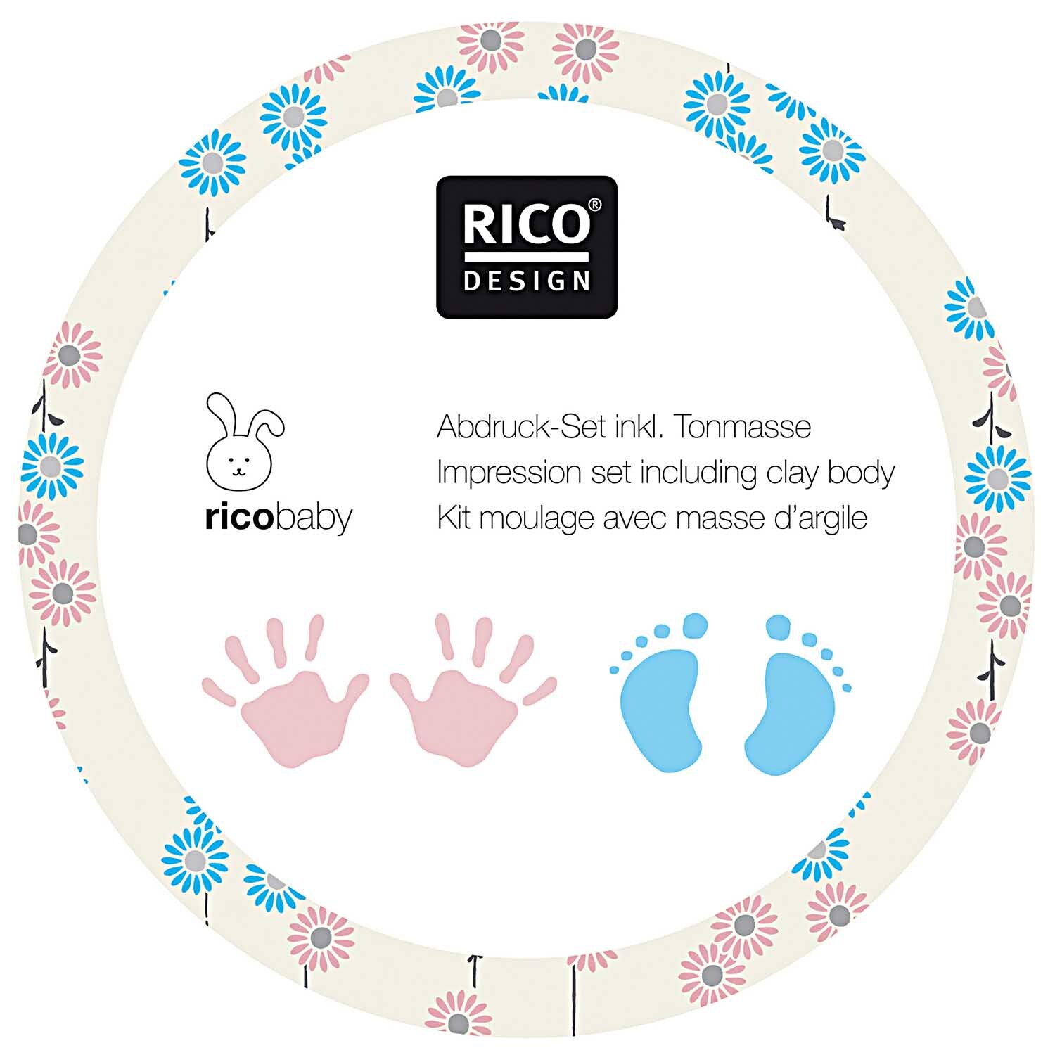 Abdruckset Dose Ø=15cm von Rico Design mit rosa Hand- und blauen Fußabdrücken auf weißem Hintergrund.