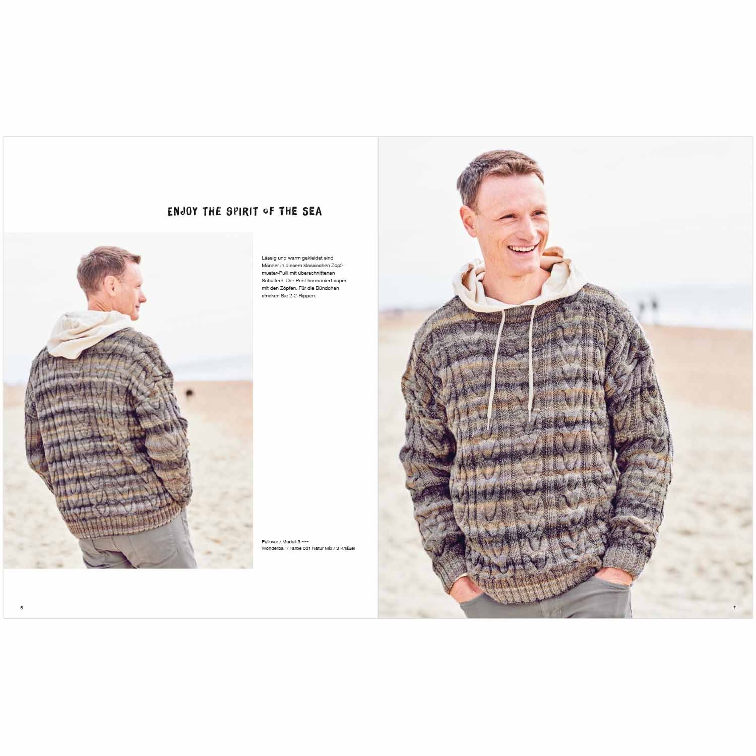 Wonderball Special: Mann am Strand in gemustertem Pullover von Rico Design, lächelnd in die Ferne blickend.
