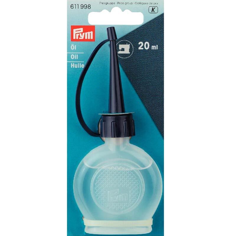 Nähmaschinenöl 20ml in einer transparenten Flasche mit schwarzem Verschluss, Marke Prym.