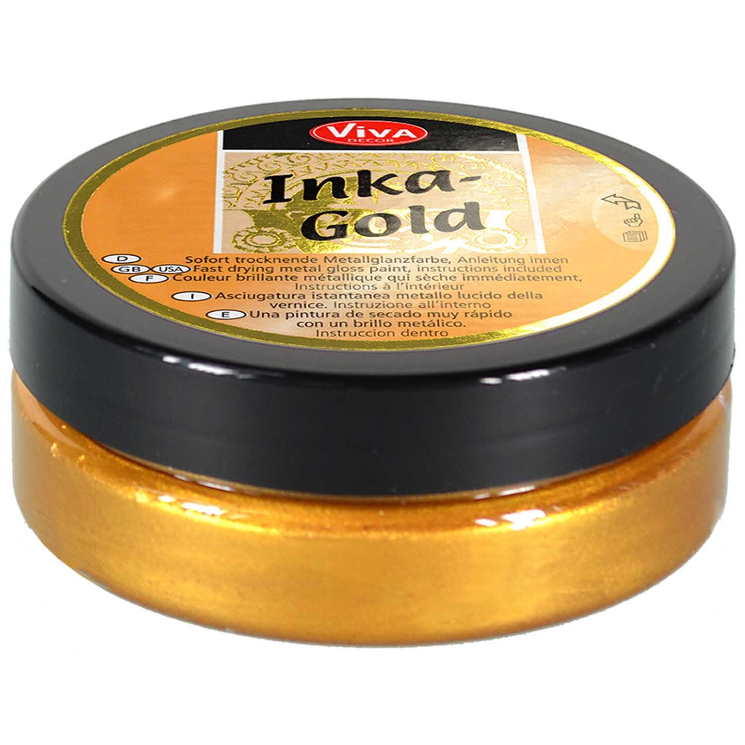 Inka-Gold 62,5g von Viva Decor: Goldene Metallicfarbe in runder Dose mit schwarzem Deckel. Ideal für kreative Projekte.