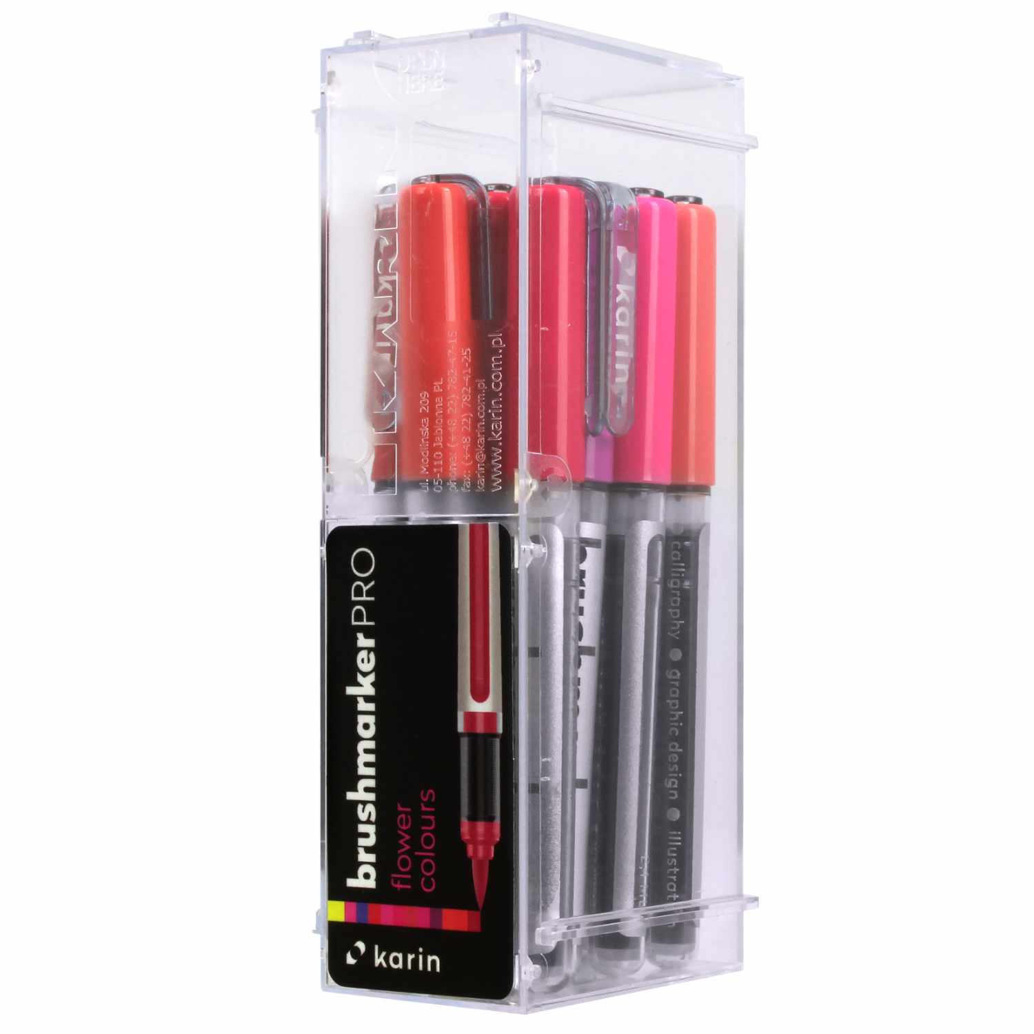 Brushmarker PRO Flower Colors Set mit 12 leuchtenden Farben in transparenter Verpackung von Karin. Ideal für kreative Projekte.