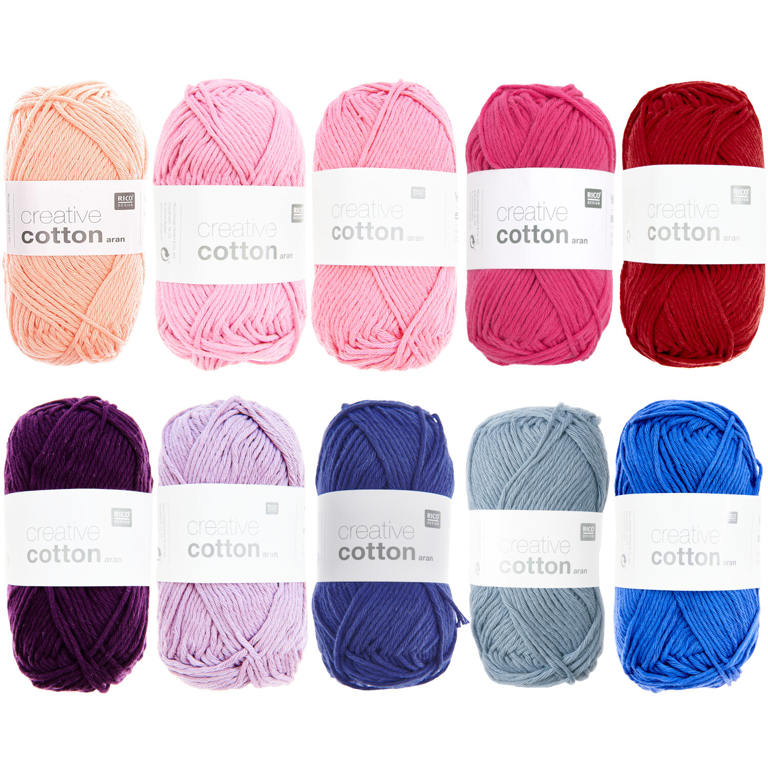 Wollpaket Creative Cotton aran Berry Colours von Rico Design, 10x50g, in verschiedenen Beerentönen. Ideal für Strick- und Häkelprojekte.