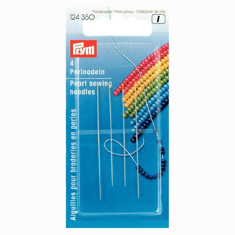 Perlnadeln mit Goldöhr silber 4 Stück von Prym in einer blauen Verpackung mit bunten Perlen.