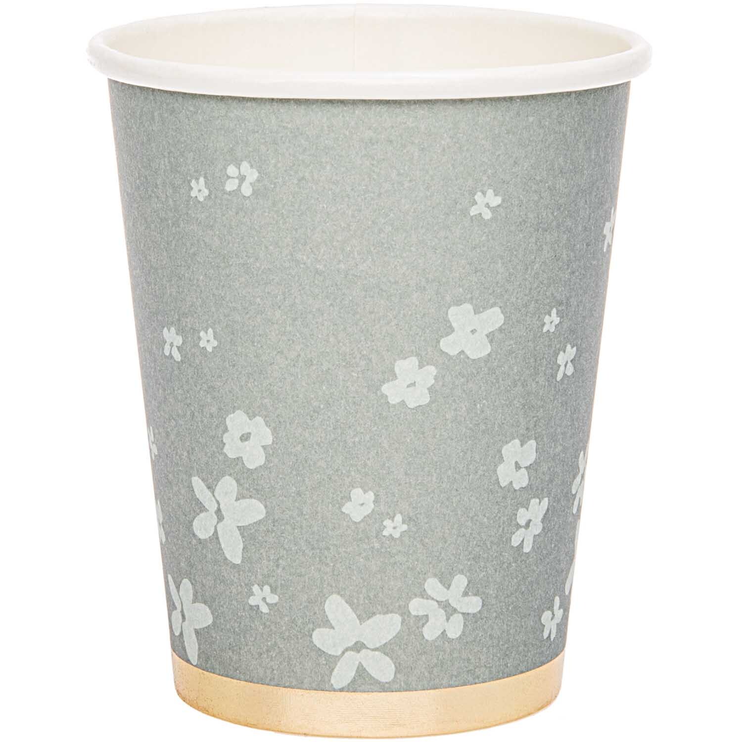 Pappbecher Blüten grau 200ml 12 Stück mit floralem Muster, ideal für Partys und Events.