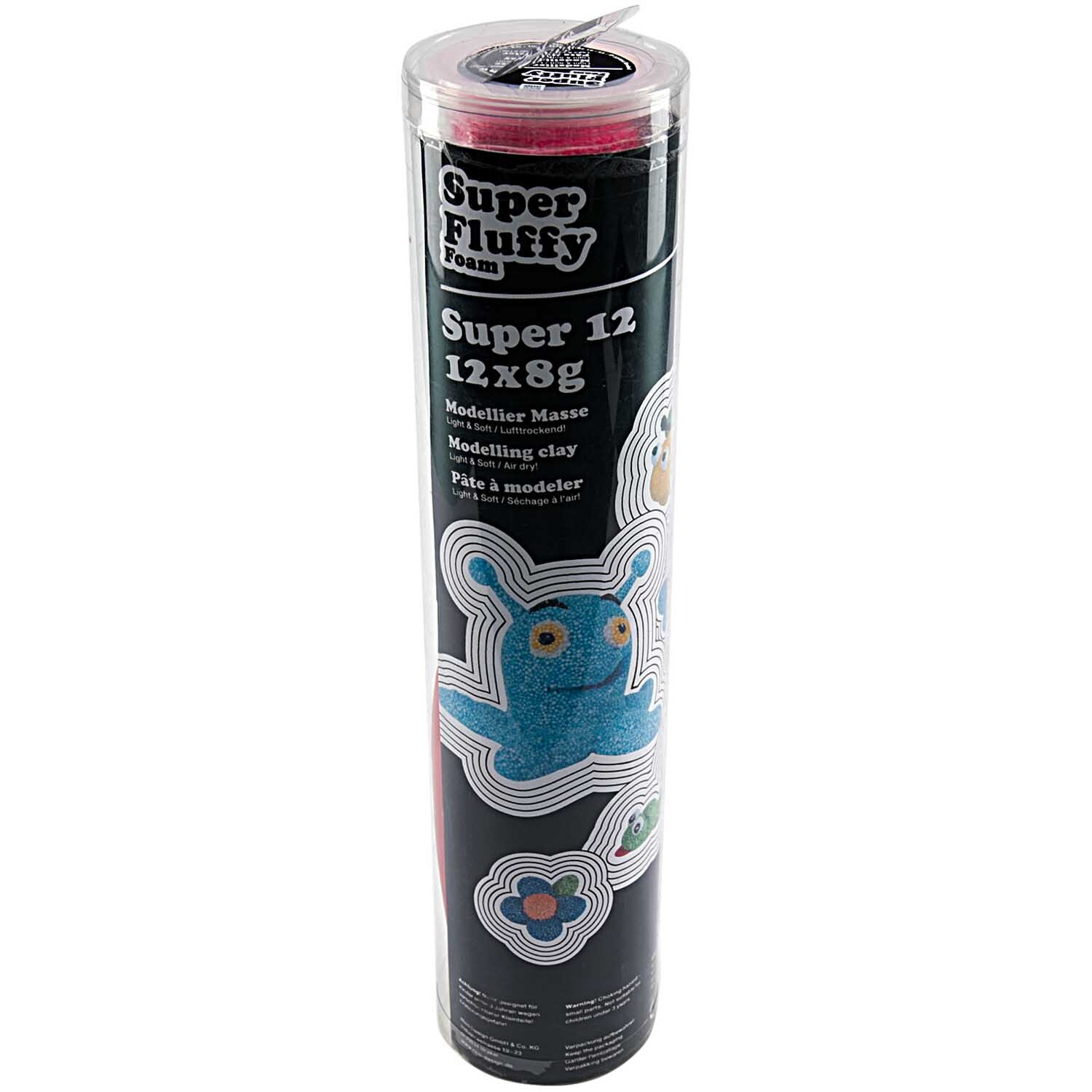 Super Fluffy Foam Modellier Set Top 12 in zylindrischer Verpackung mit buntem Schaumstoff und kreativen Motiven. Ideal für Bastelprojekte.
