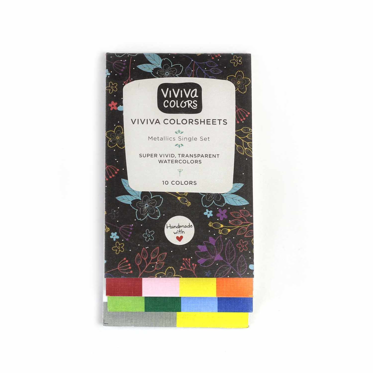 Viviva Colorsheets Metallic: Ein Set aus 10 lebendigen, transparenten Aquarellfarben in einem kompakten, handlichen Format.