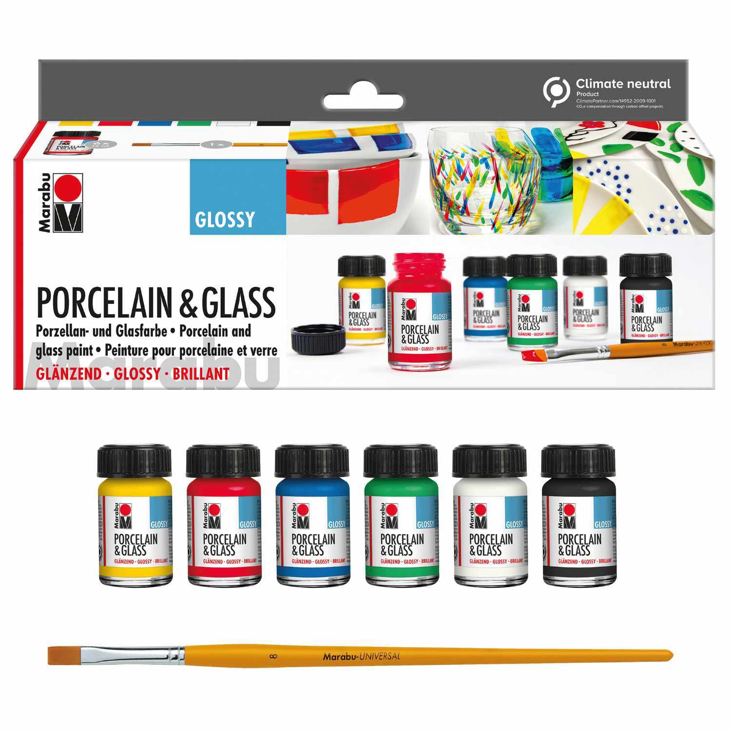 Porcelain & Glass Starterset glossy: 7-teiliges Set von Marabu mit bunten Farben und Pinsel, ideal für Porzellan- und Glasmalerei.