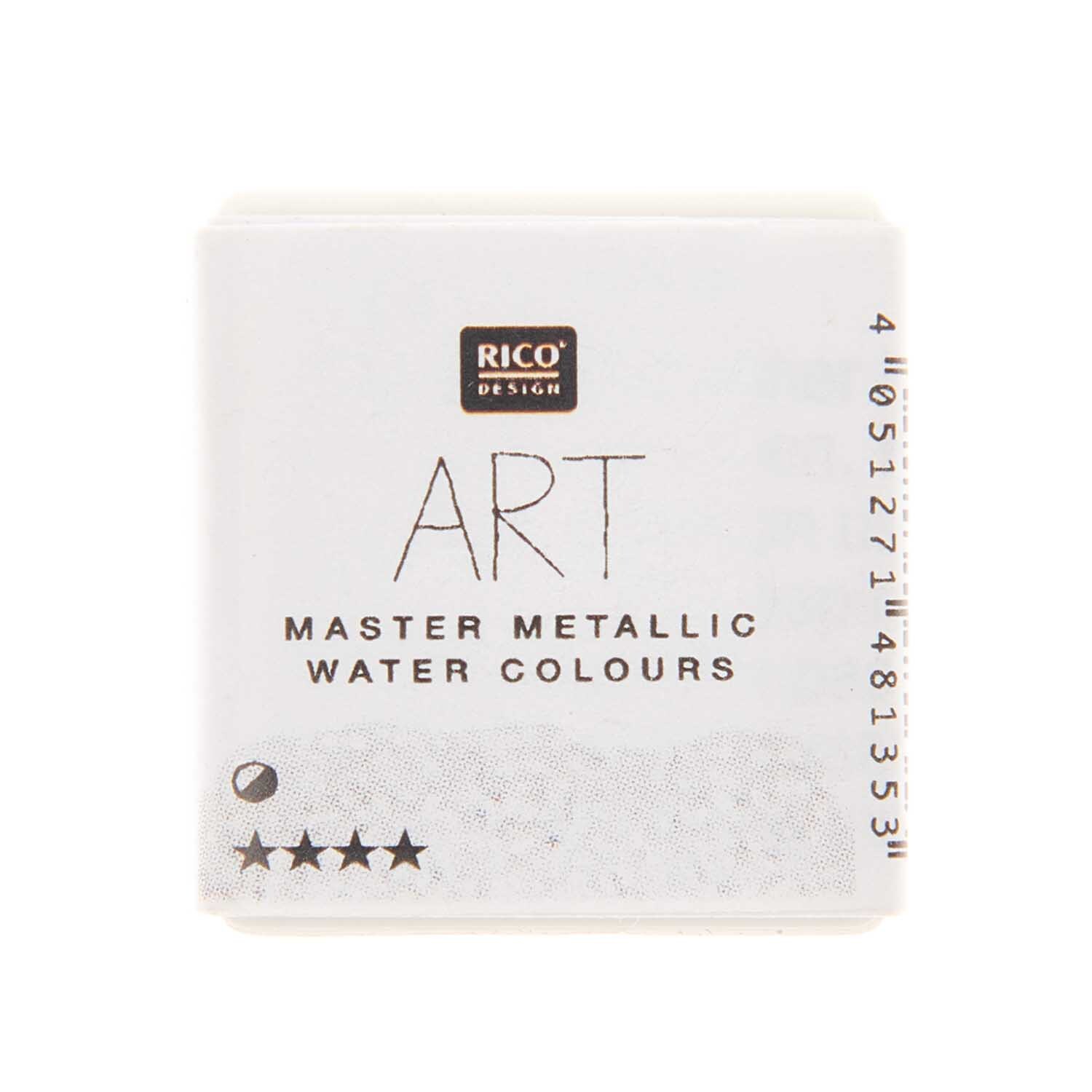 ART Master Metallic Aquarellfarbe von Rico Design in Perlmutt, zeigt Verpackung mit Logo und Sternebewertung.