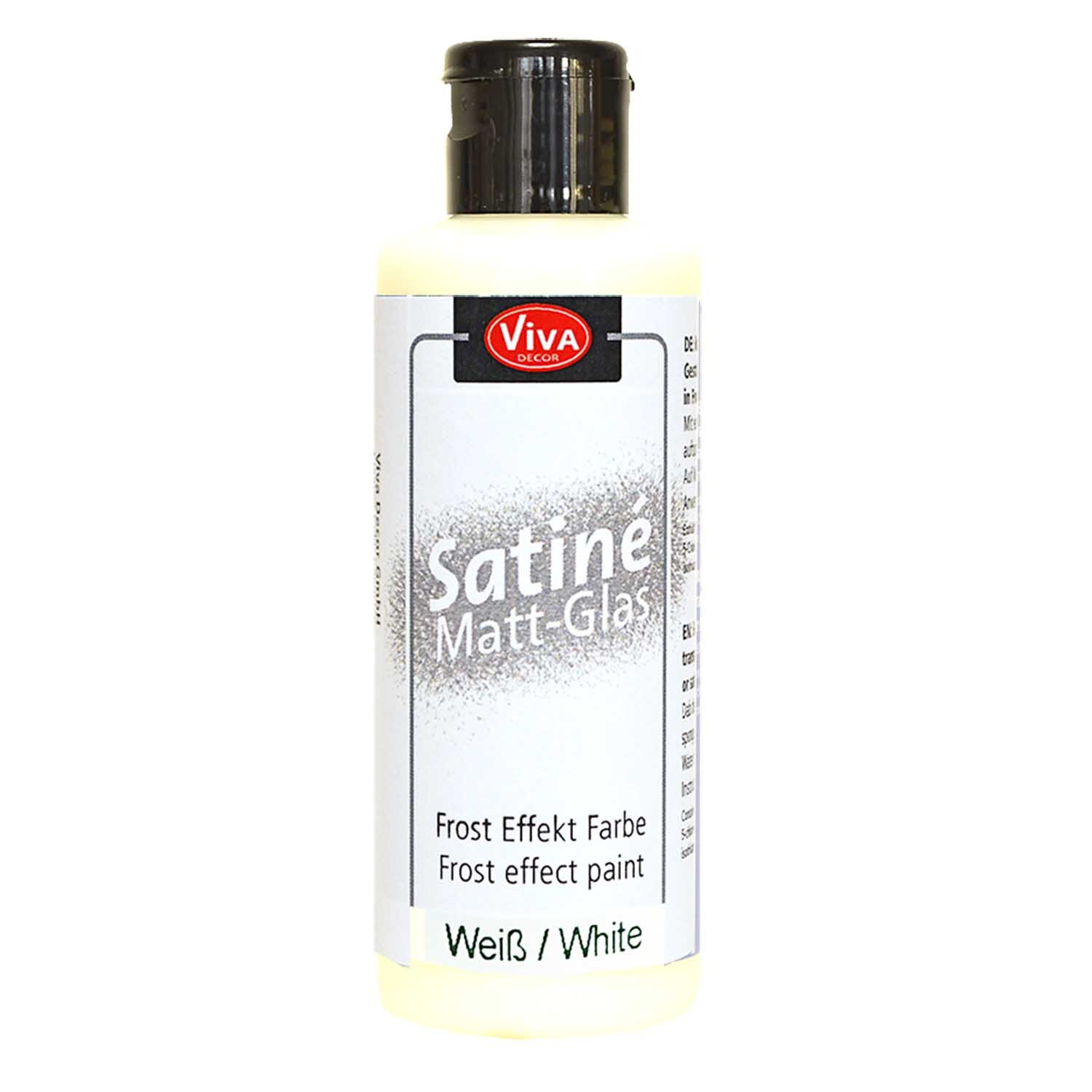 Satiné matt Glas 82ml von Viva Decor, weiße Frost-Effektfarbe in einer Flasche mit schwarzem Deckel.