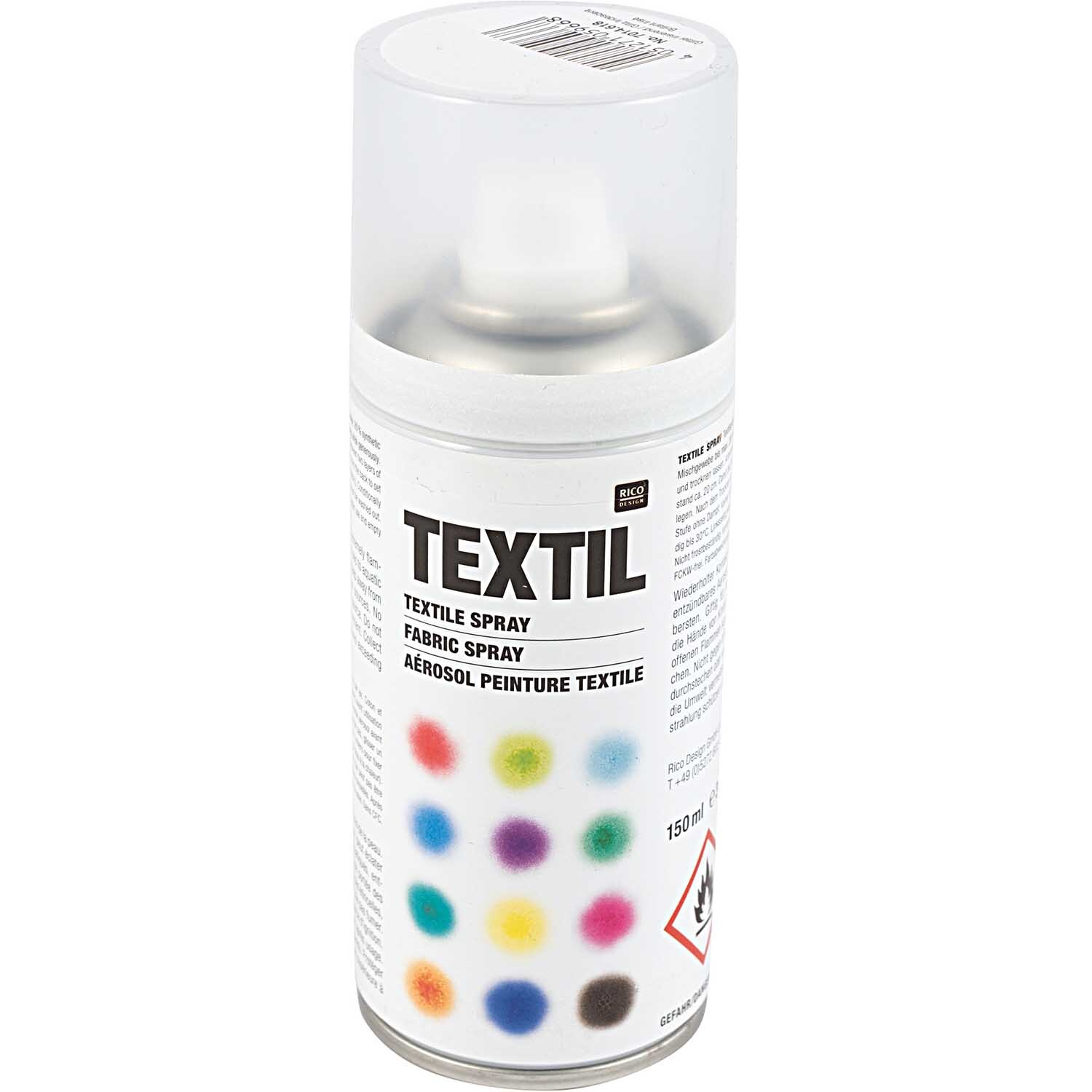 Textil Spray Glitter irisierend, 150ml Dose von Rico Design. Bunte Farbmuster auf der Verpackung. Ideal für kreative Textilprojekte.