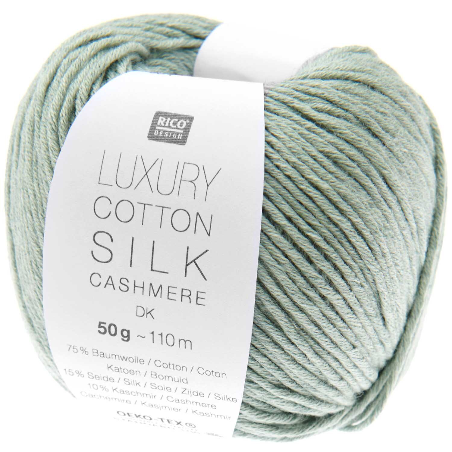 Luxury Cotton Silk Cashmere dk von Rico Design in Aqua, 50g Knäuel, ideal für feine Strickprojekte.