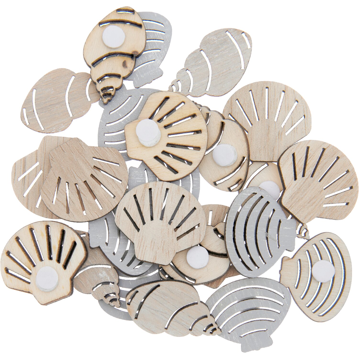 Holzsticker Muschel Mix natur 24 Stück: Verschiedene Muschelformen aus Holz in natürlichen Farbtönen, ideal für kreative Bastelprojekte.