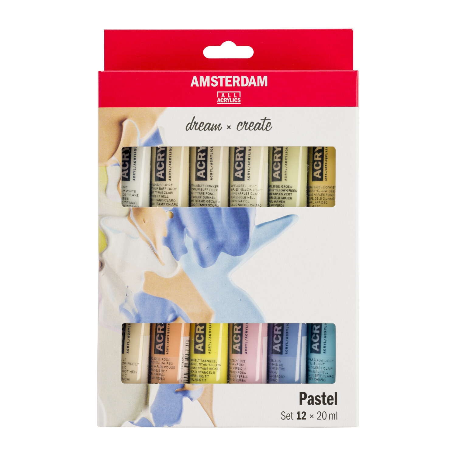 Pastellfarben Set mit 12 Tuben à 20 ml von AMSTERDAM. Die Verpackung zeigt bunte Pastelltöne.
