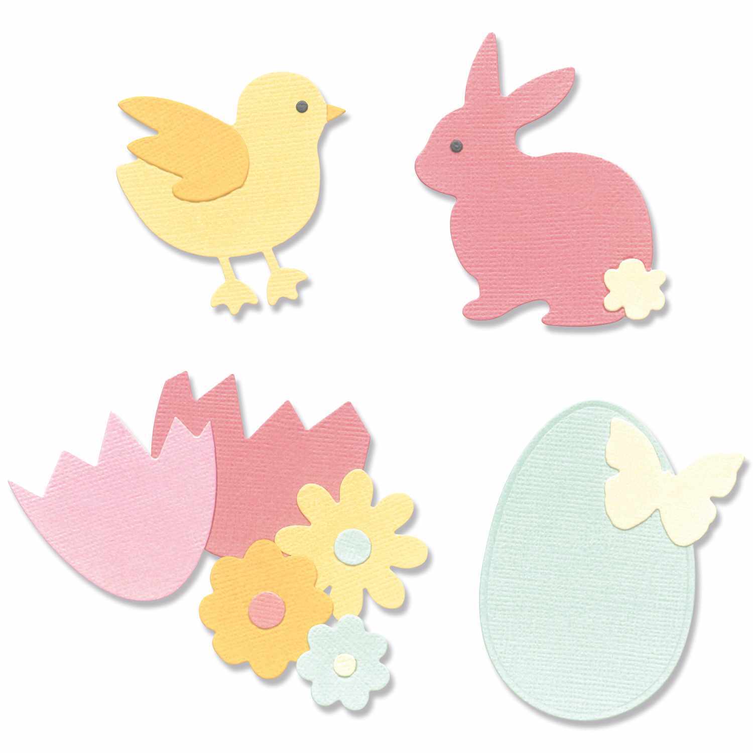 Thinlits Die Set Basic Easter Shapes zeigt bunte Osterformen wie Küken, Hase, Blumen und Ei. Ideal für kreative Bastelprojekte.