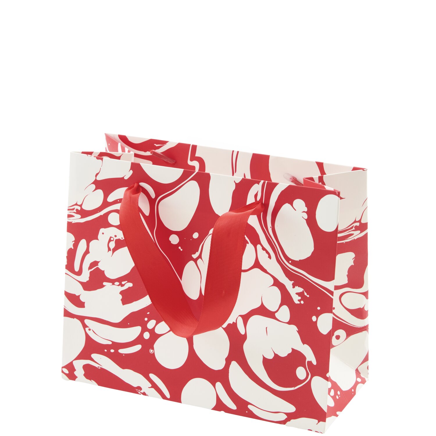 Geschenktüte Marmor Rot/Weiß S mit abstraktem Muster und roten Griffen, ideal für Geschenke.