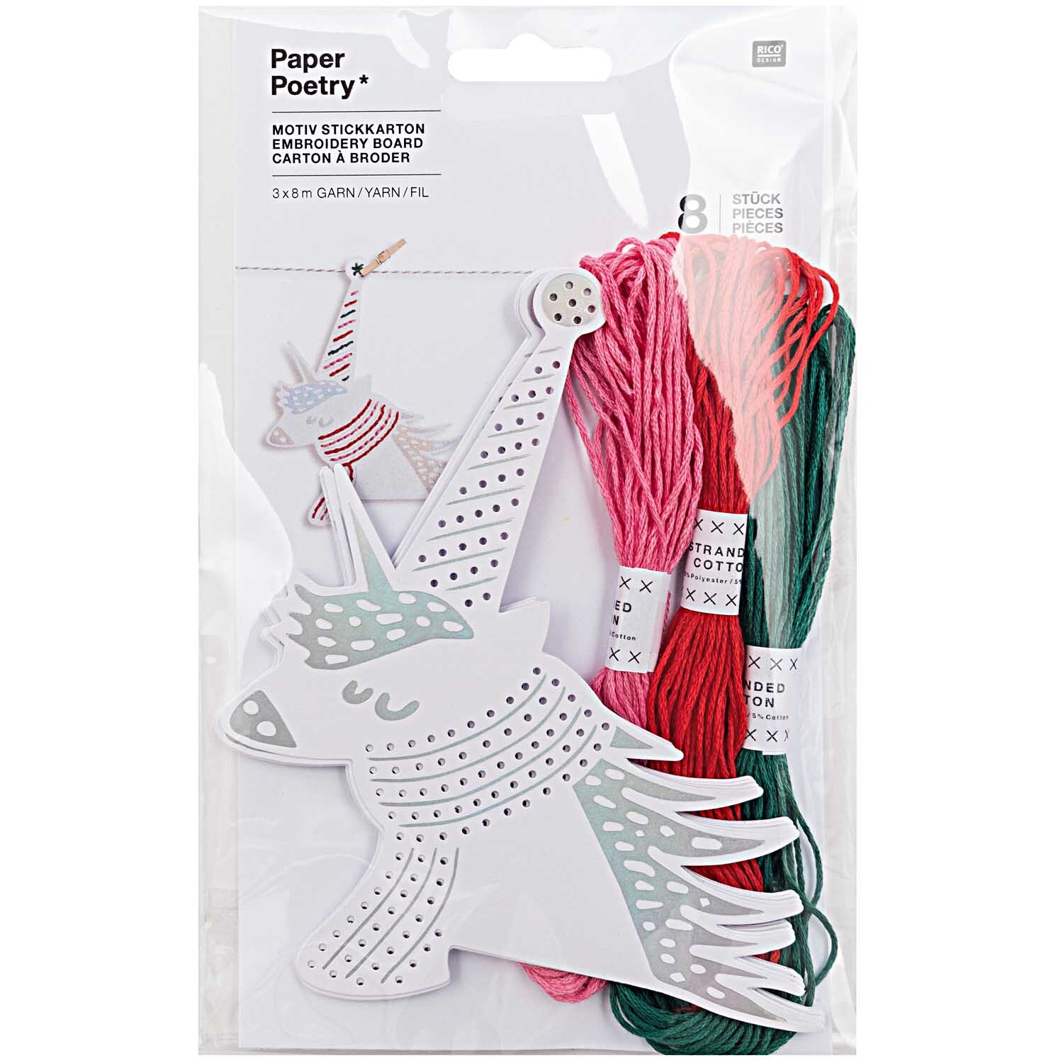 Paper Poetry Stickkarton Einhorn mit Garn und Nadel, 8 Stück. Enthält mehrfarbige Fäden und Einhorn-Motiv. Ideal für kreative Stickprojekte.