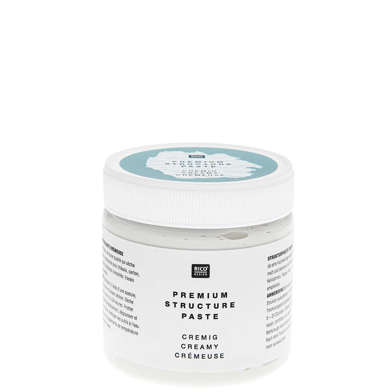 ART Premium Strukturpaste cremig von Rico Design in einem weißen Behälter mit blauem Deckel. Ideal für kreative Projekte und Texturen.
