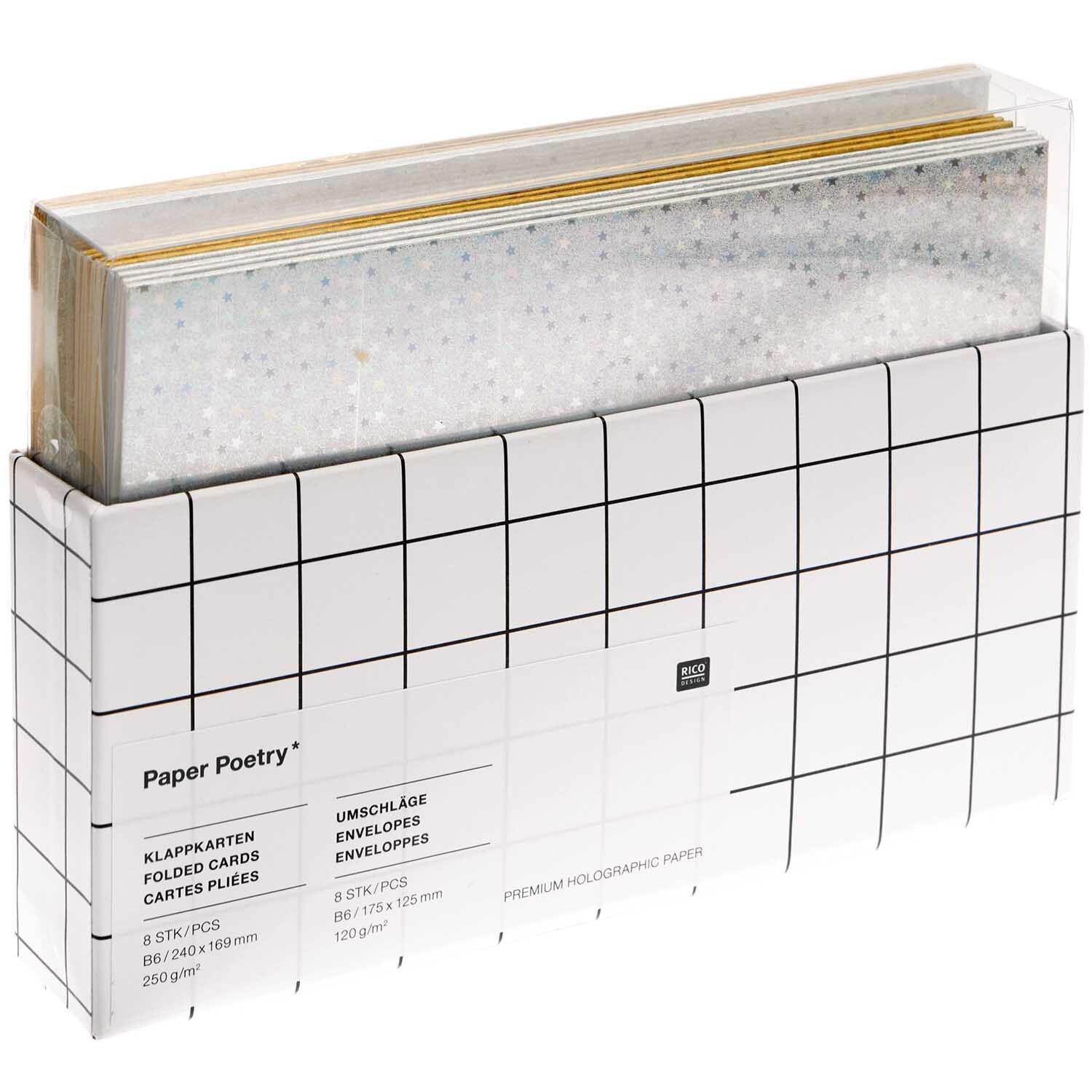 Paper Poetry Kartenset Sterne gold/silber B6, 16-teilig, von Rico Design. Zeigt elegante Klappkarten mit Sternenmuster in einer transparenten Box.