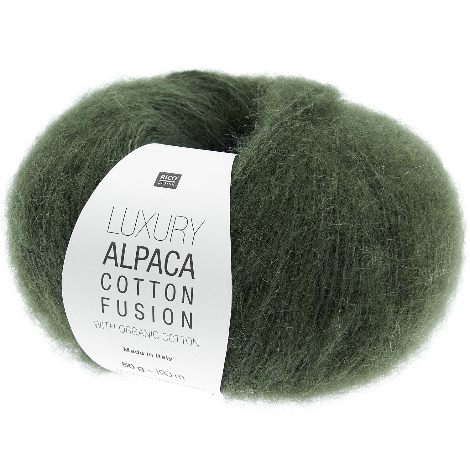Luxury Alpaca Cotton Fusion, olivgrünes Garn von Rico Design, ideal für Strickprojekte.