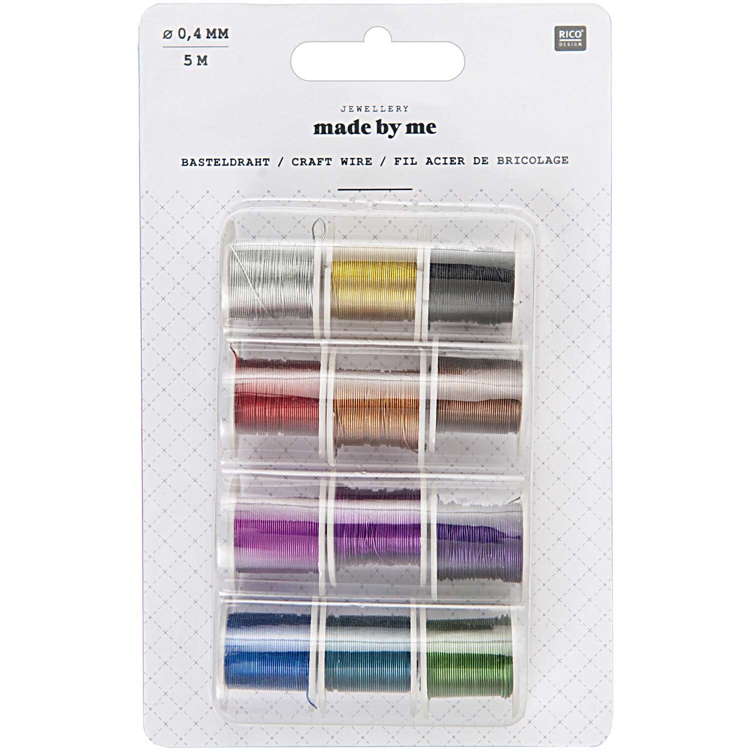Basteldraht 0,4mm 5m 12 Spulen von Rico Design: Verschiedene Farben auf Spulen in einer Verpackung.