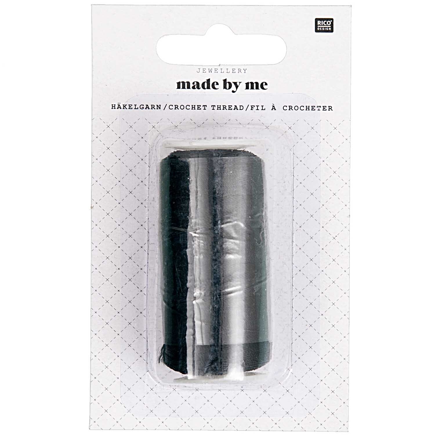 Häkelgarn schwarz 300m von Rico Design, präsentiert in einer transparenten Verpackung.