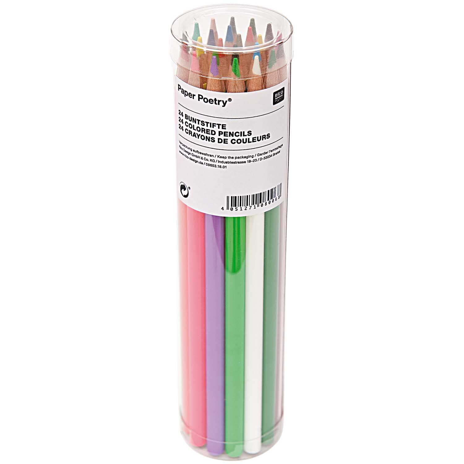 Paper Poetry Buntstifte lang 24 Stück in transparenter Verpackung, ideal für kreative Projekte.