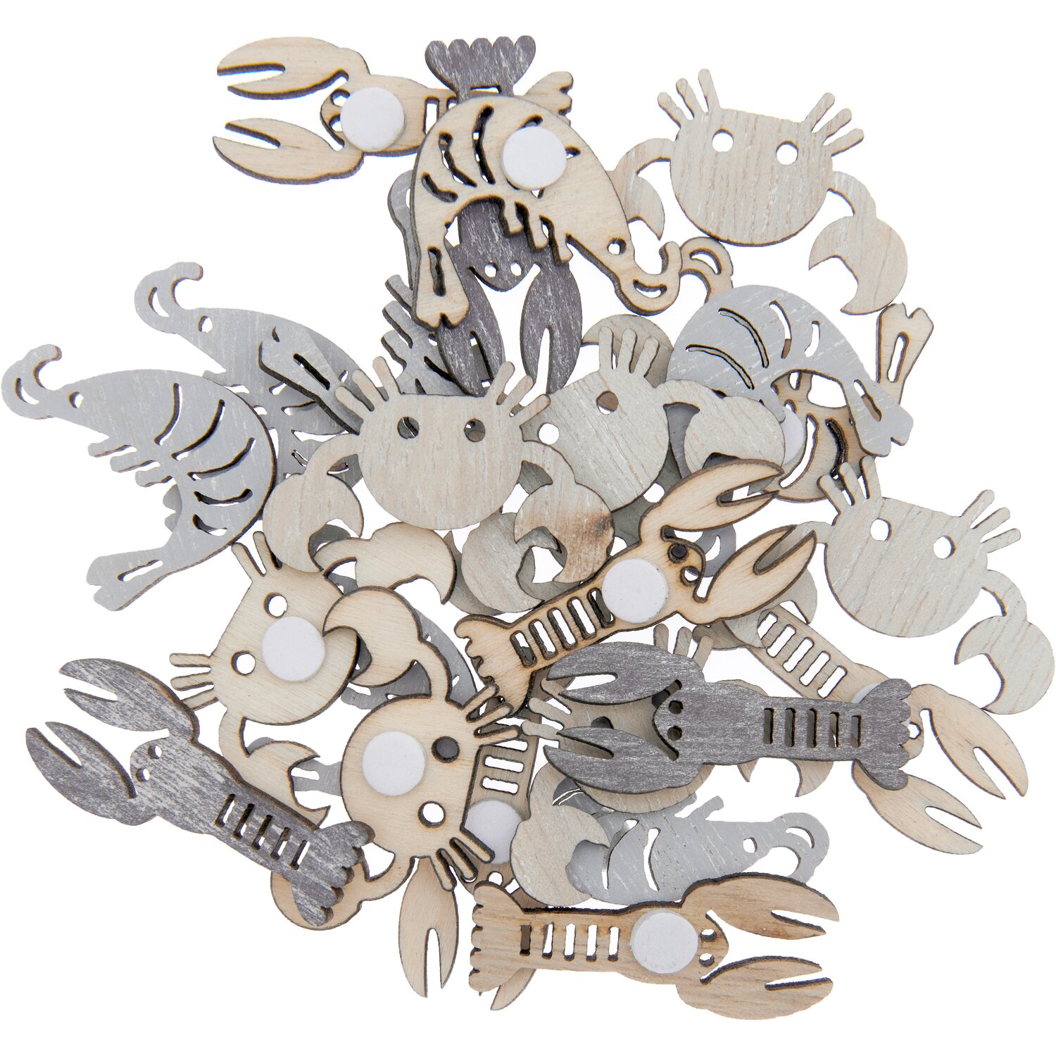 Holzsticker Meerestiere Mix natur 24 Stück zeigen verschiedene maritime Formen in natürlichen Holztönen. Ideal für kreative Bastelprojekte.