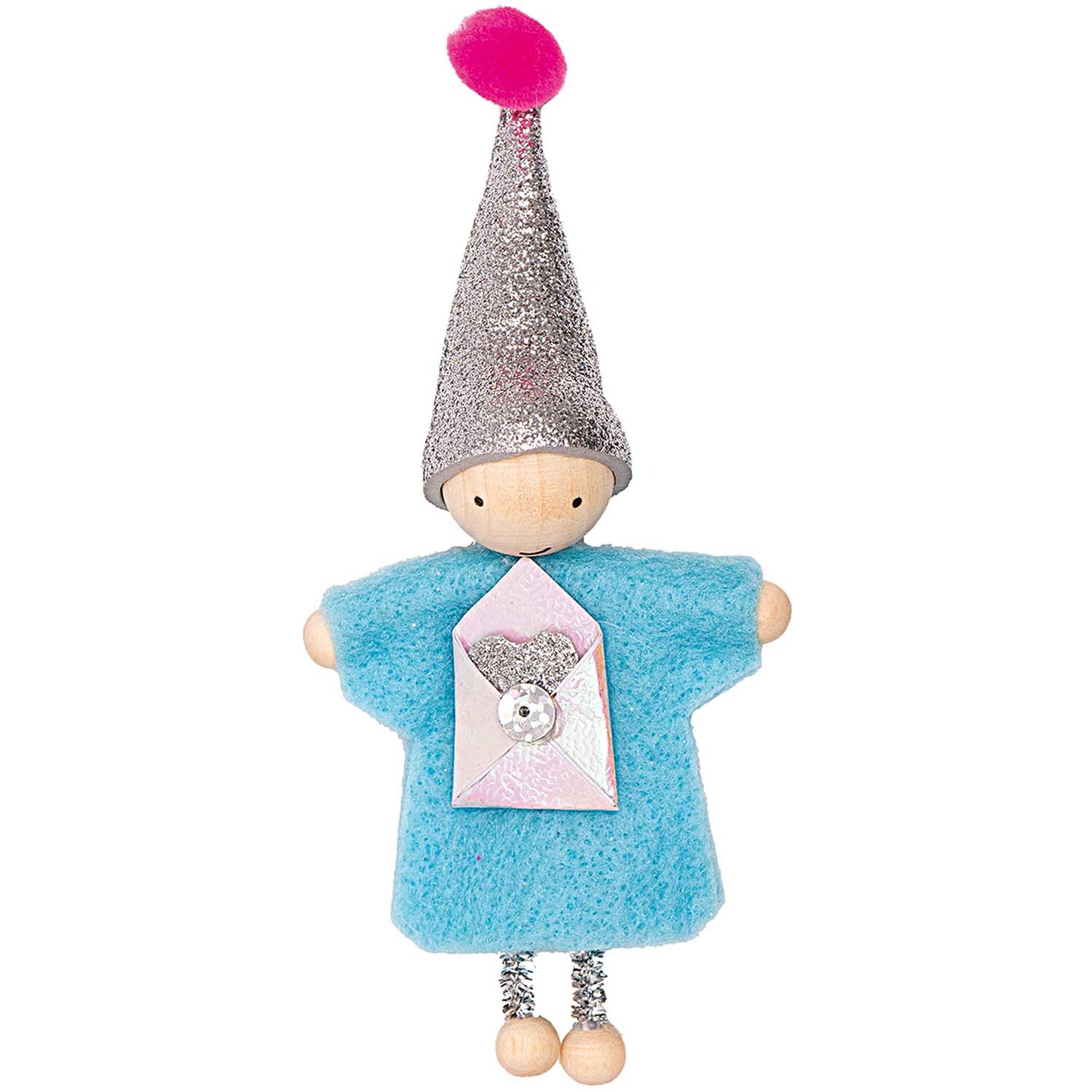 Geschenkanhänger Wichtel Geld mit Spruch, ein niedlicher Wichtel in blauem Filz mit silbernem Hut und pinkem Bommel, von Rico Design.