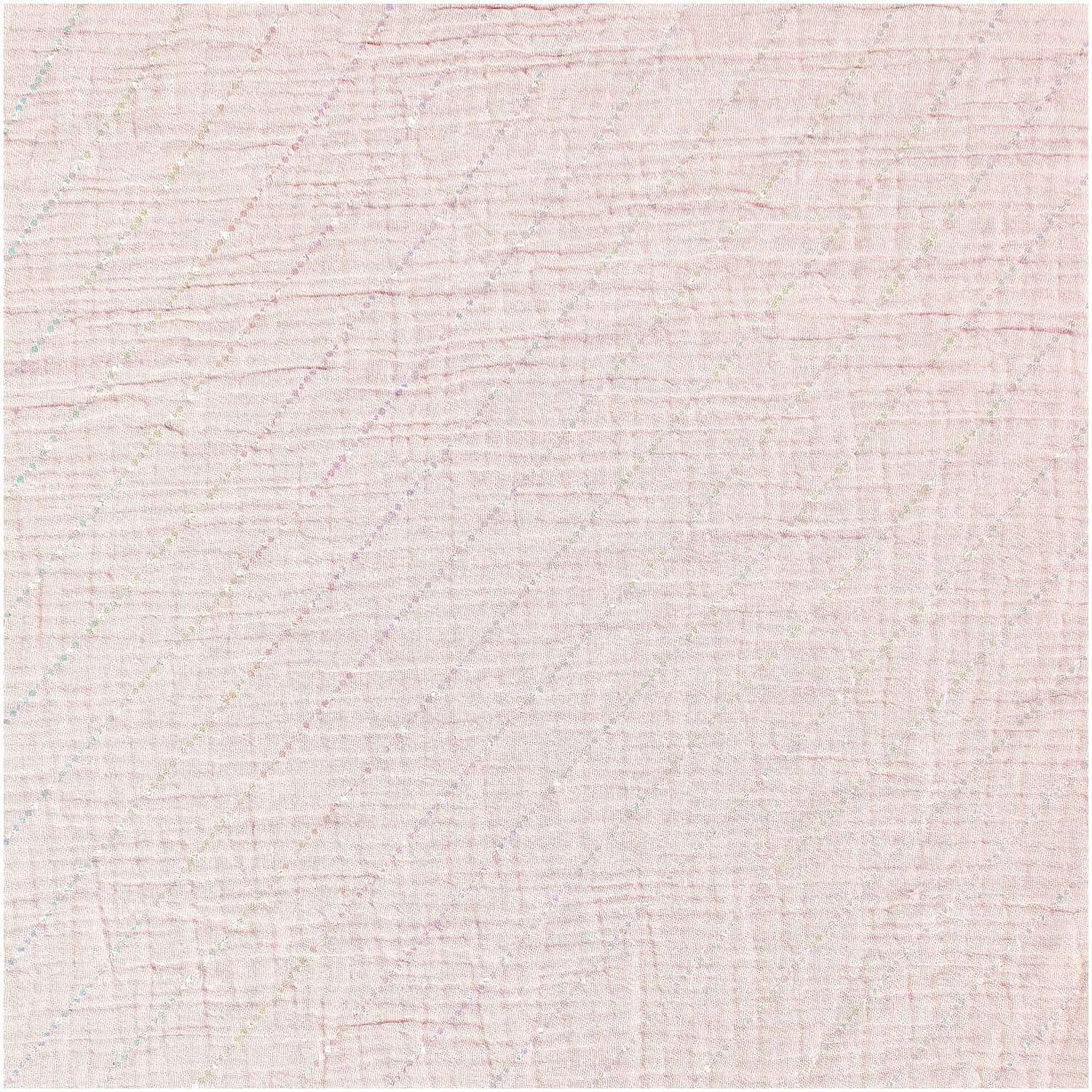 Meterware Krinkelmusselin Streifen Rosa zeigt einen weichen, rosa Stoff mit feinen Streifen von Rico Design. Ideal für kreative Nähprojekte.