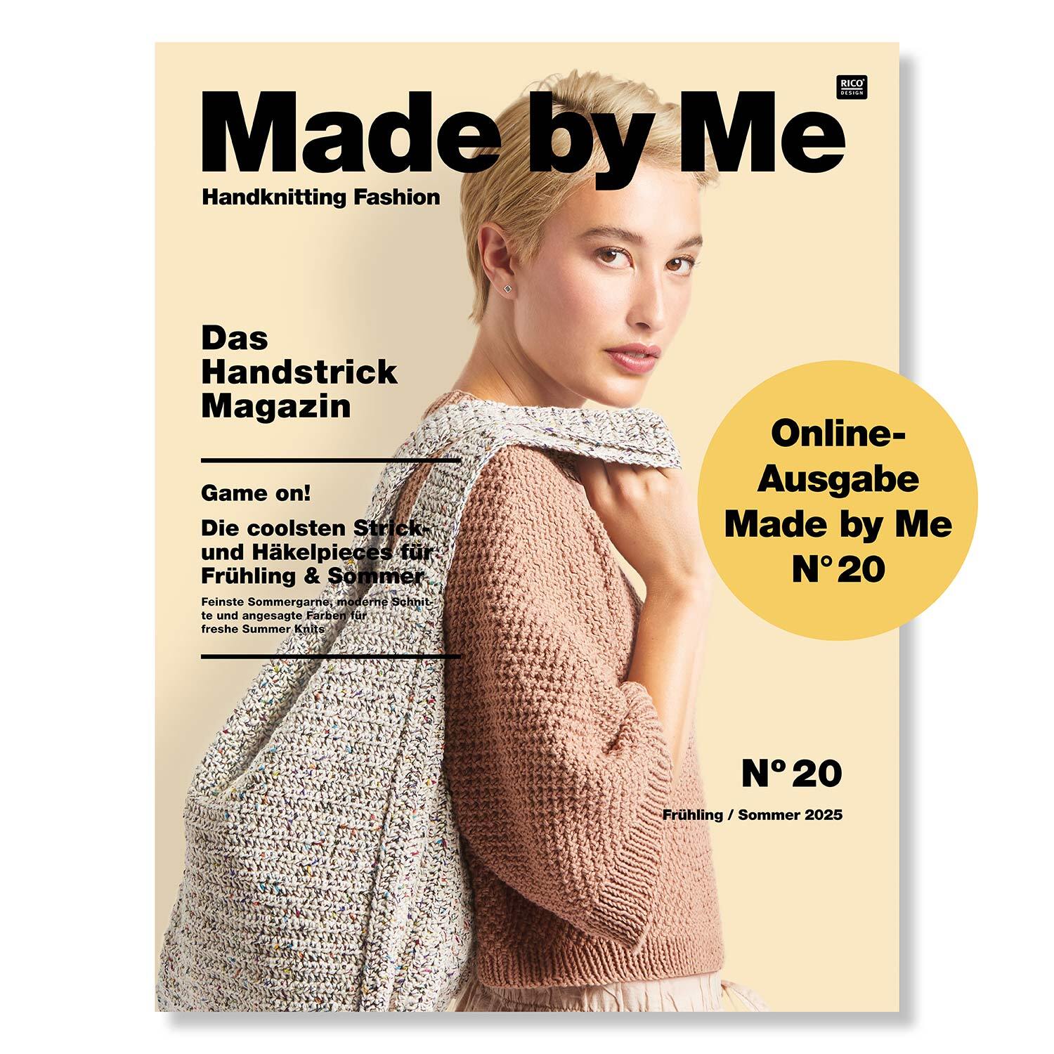 Online-Ausgabe Made by Me No. 20: Frau mit gestrickter Tasche, präsentiert von Rico Design, Frühling/Sommer 2025.