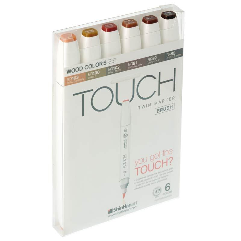 Twin Brush Marker Wood Colors 6er Set mit sechs Brauntönen in einer transparenten Verpackung.
