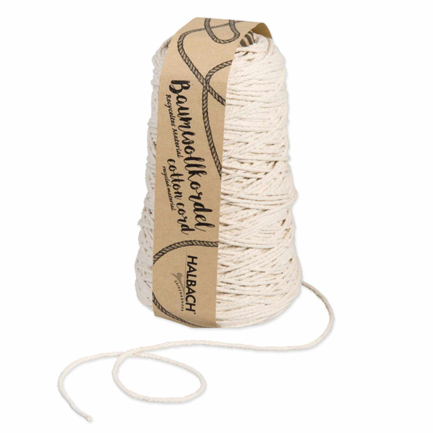 Baumwollkordel für Makramee in Creme, 2mm dick, 150m lang, 250g, von Halbach, auf Rolle gewickelt.