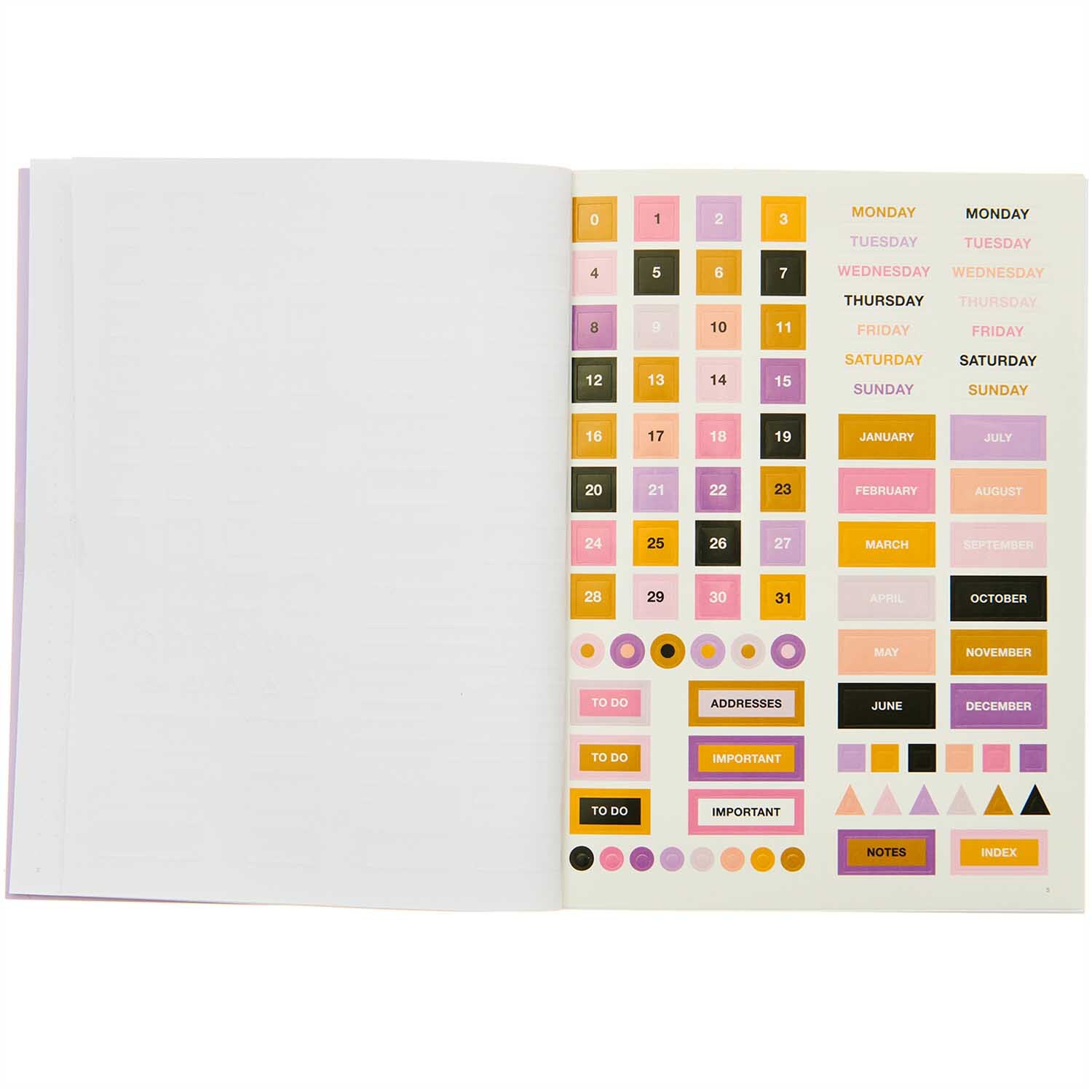 Paper Poetry Bullet Diary Softcover mit irisierendem Cover, offen mit bunten Stickern und Notizseiten. Ideal für kreative Planung.