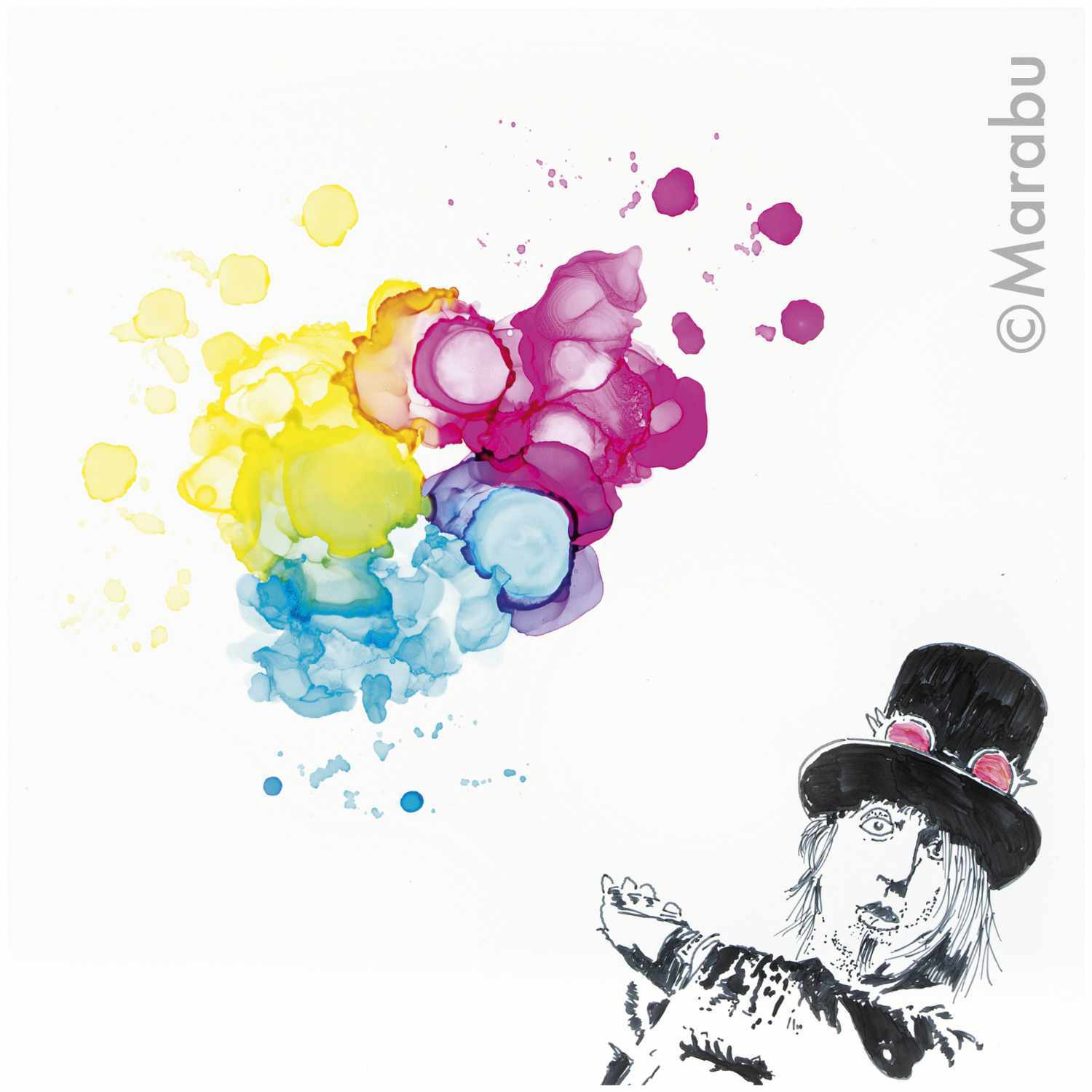 Alcohol Ink Set Flowers: Bunte Tintenblumen von Marabu, begleitet von einer skizzierten Figur mit Zylinder.