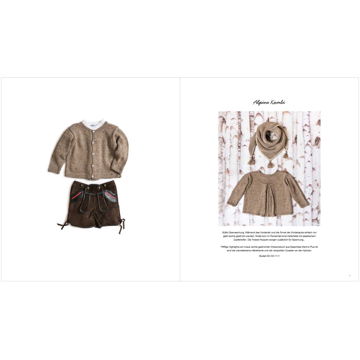 Trachtenbuch Alpine Knits zeigt traditionelle Strickmode mit braunem Kinderoutfit von Rico Design.