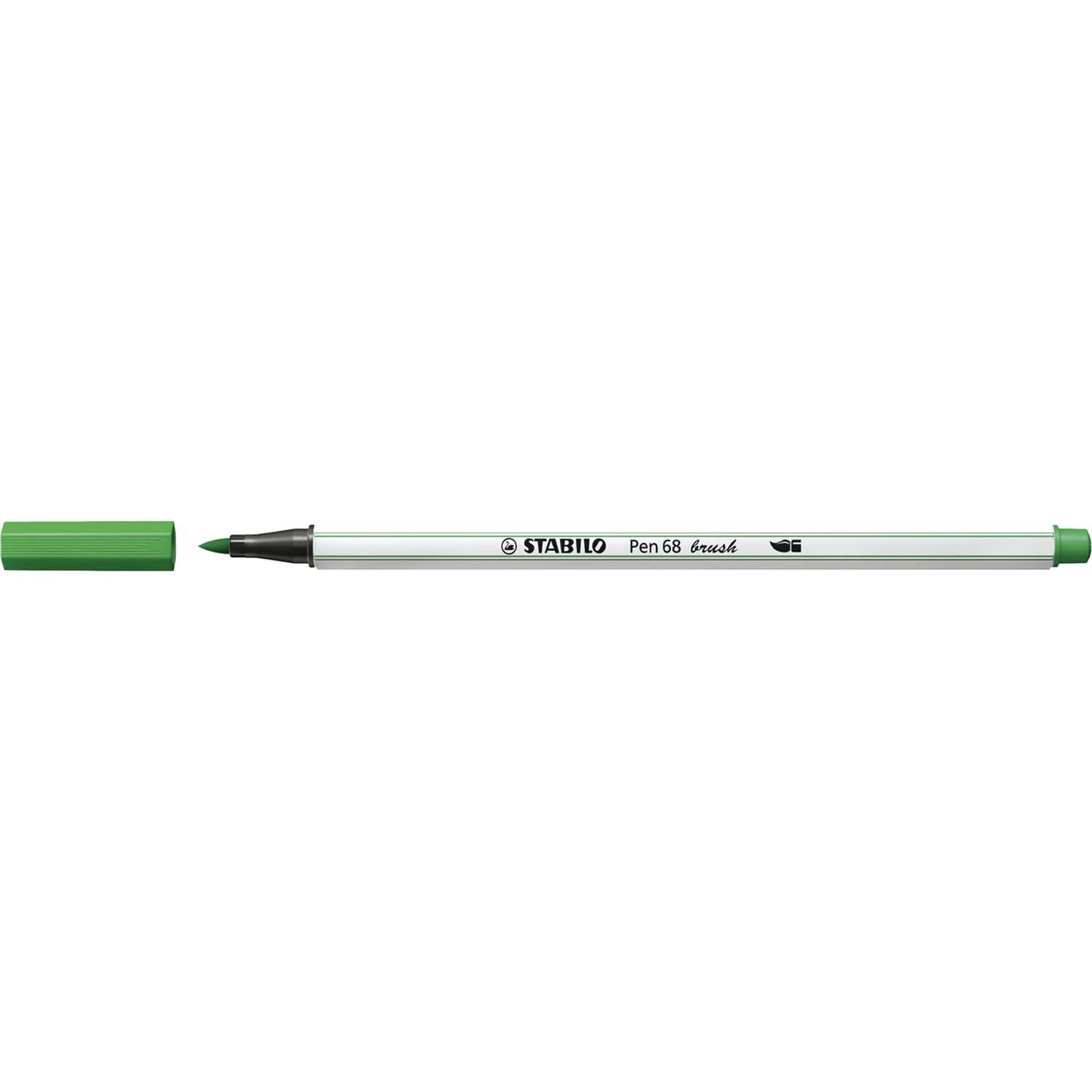 Pen 68 brush von STABILO in Smaragdgrün, abgebildet mit abgenommenem Deckel auf weißem Hintergrund.