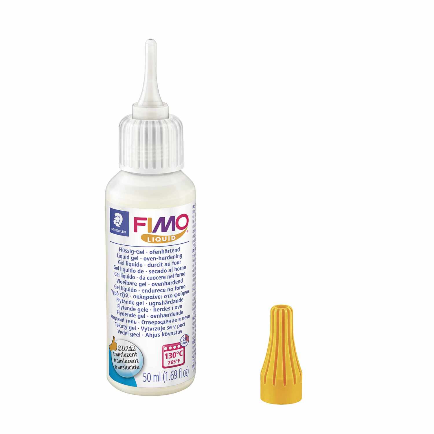 FIMO Liquid ofenhärtendes Modelliergel, 50ml Flasche mit feiner Dosierspitze und abnehmbarem gelbem Verschluss, ideal für präzises Arbeiten.