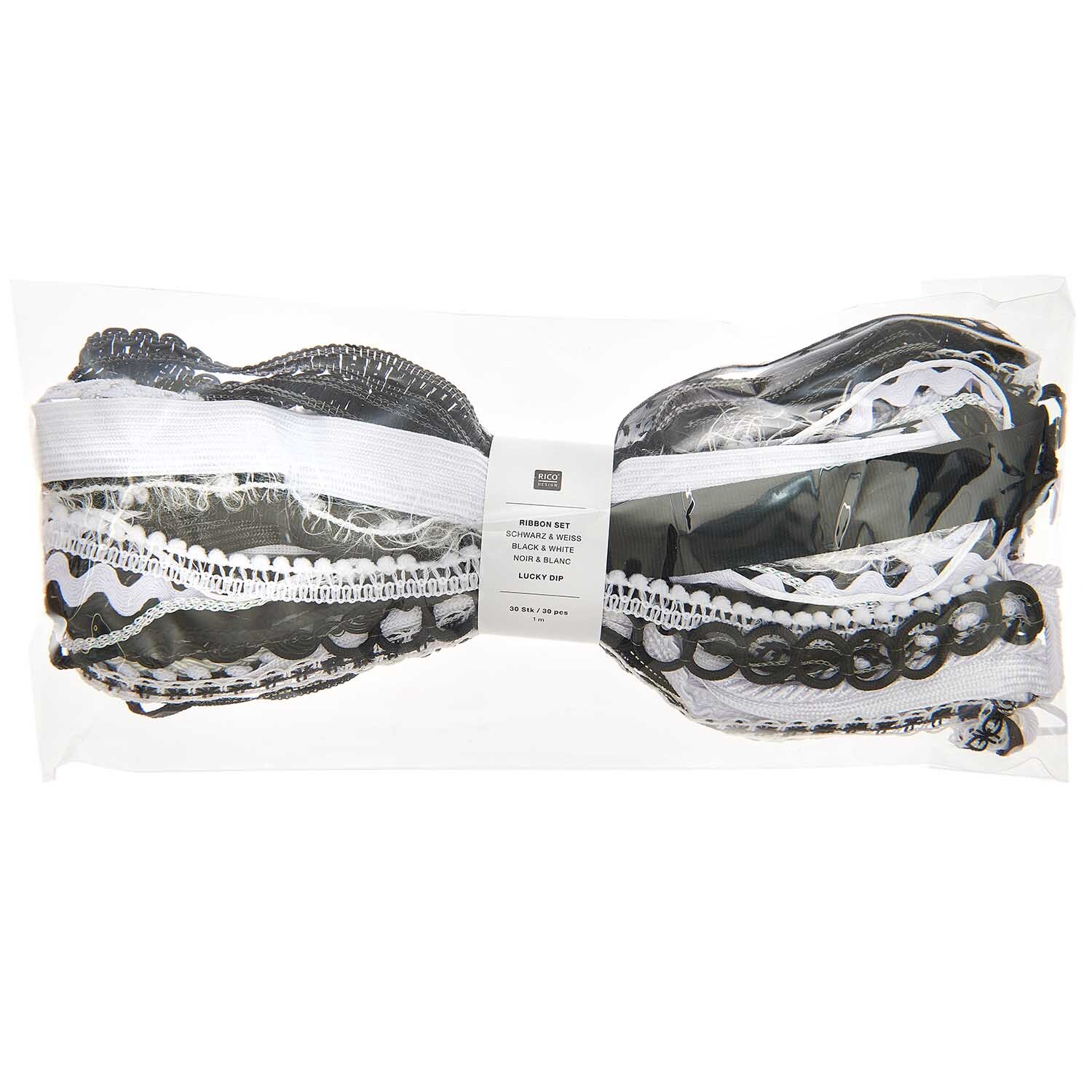 Ribbon Set Lucky Dip: 30-teiliges Set von Rico Design in Schwarz-Weiß mit verschiedenen Bändern und Mustern. Ideal für kreative Projekte.