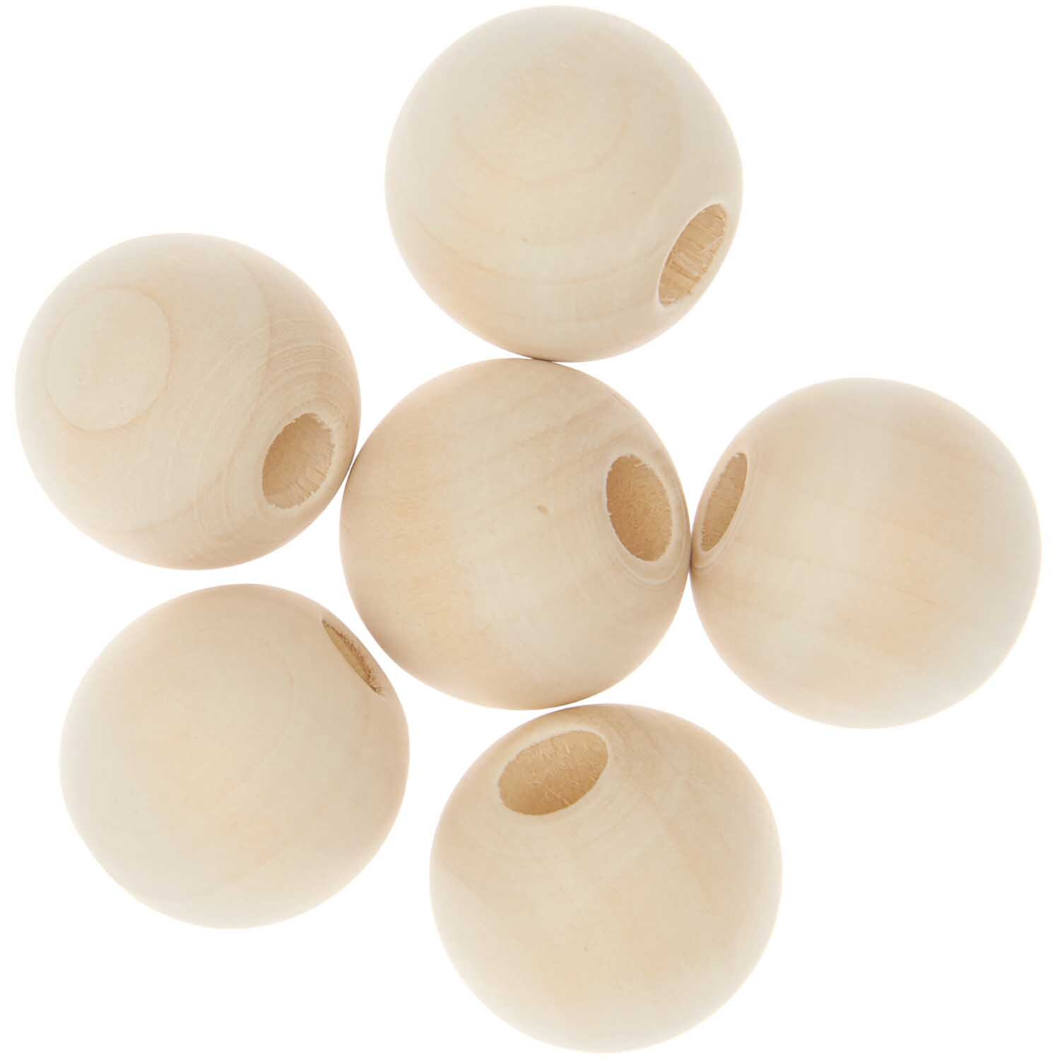 Makramee Perlen Holz natur 30mm 6 Stück von Rico Design. Sechs runde, naturfarbene Holzperlen mit glatter Oberfläche, ideal für kreative Projekte.