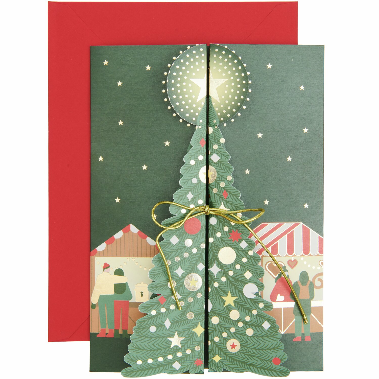 Pop-Up Karte Weihnachtsmarkt zeigt einen festlichen Weihnachtsbaum vor Marktständen. Inkl. rotem Umschlag.