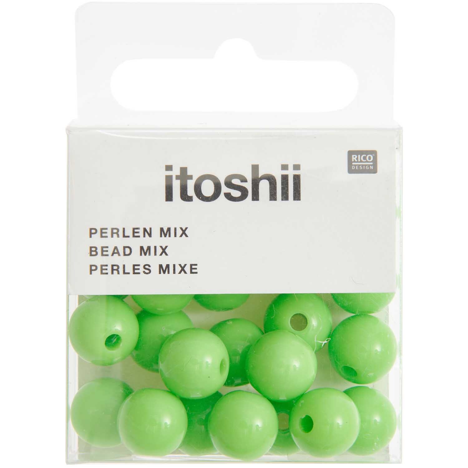 Itoshii Kunststoffperlen 10mm, 24 Stück in leuchtendem Grün, präsentiert von Rico Design in einer transparenten Verpackung.