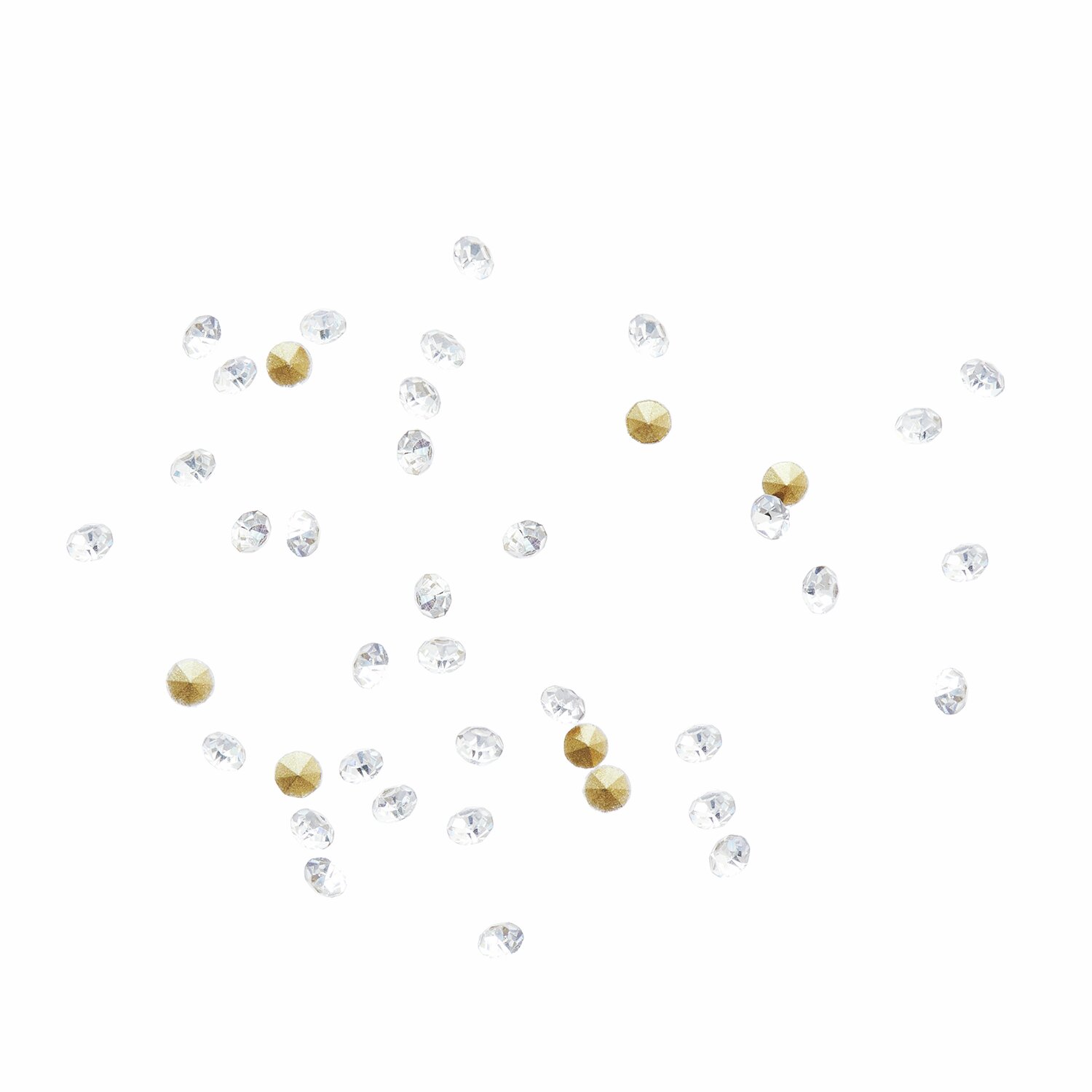 Strass-Steine spitz Crystal 1,8mm von Rico Design, 40 Stück. Klare und goldene Steine auf weißem Hintergrund.