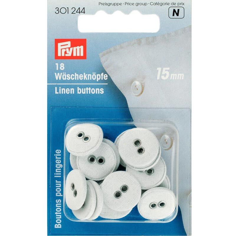 Wäscheknopf 15mm Leinen 18 Stück: Weiße Knöpfe von Prym in einer Verpackung, ideal für Wäscheprojekte.