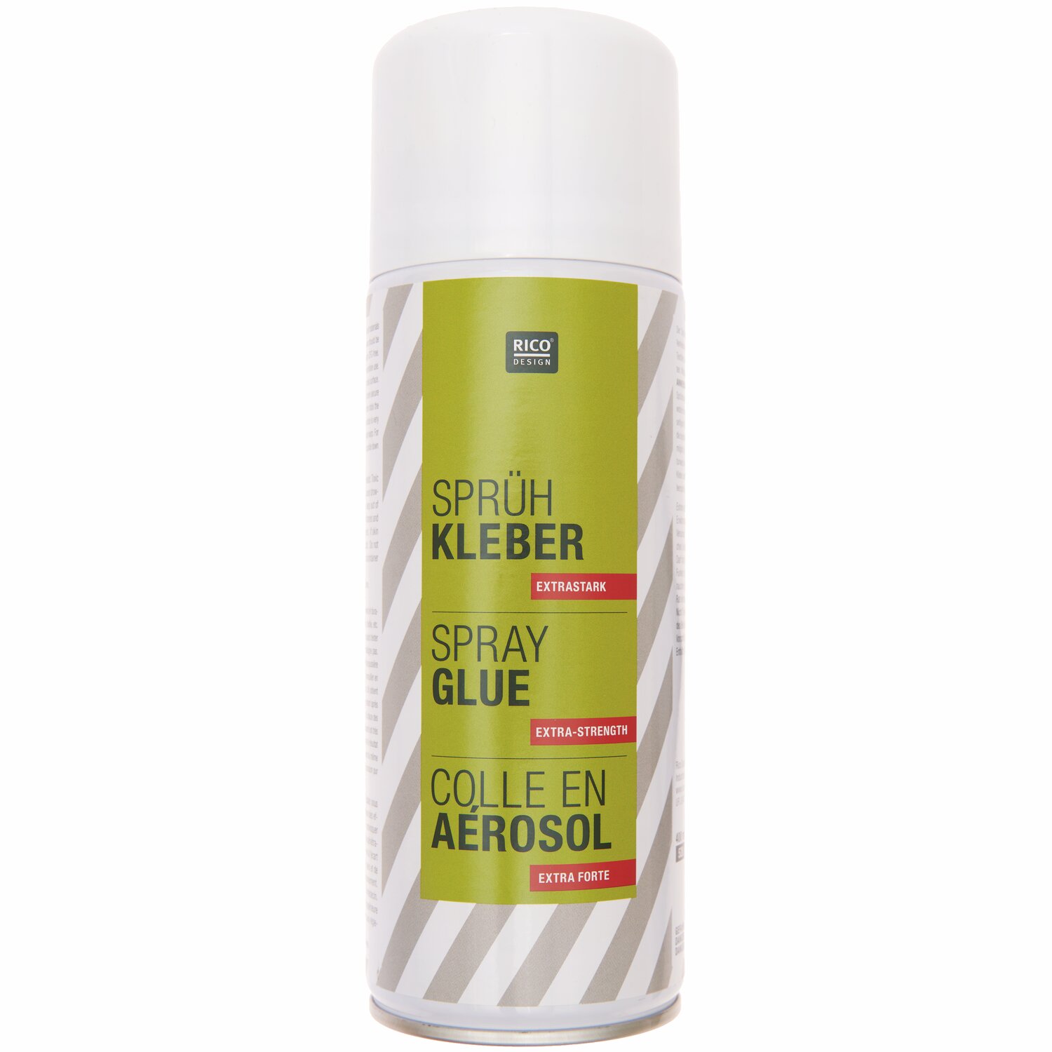 Sprühkleber Extrastark 400ml von Rico Design in einer weißen Sprühdose mit grünem Etikett.