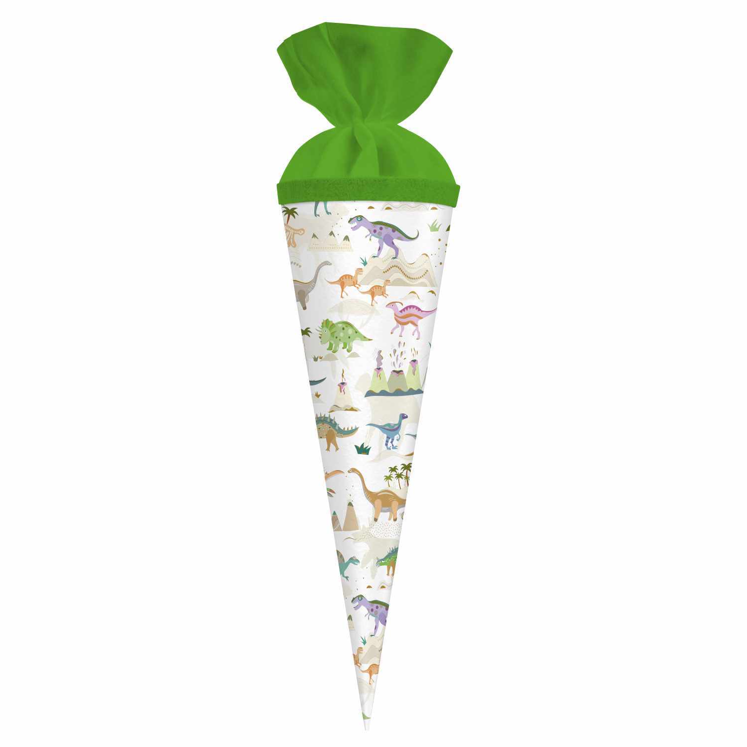 Schultüte Dinosaurier mit bunten Dinosauriermotiven und grünem Verschluss, 35 cm, von goldbuch.